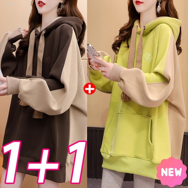 YLEMI 1+1 봄 가을 빅사이즈 여성 롱 오버핏 캐주얼 스타일 후드티 상의 맨투맨 2P