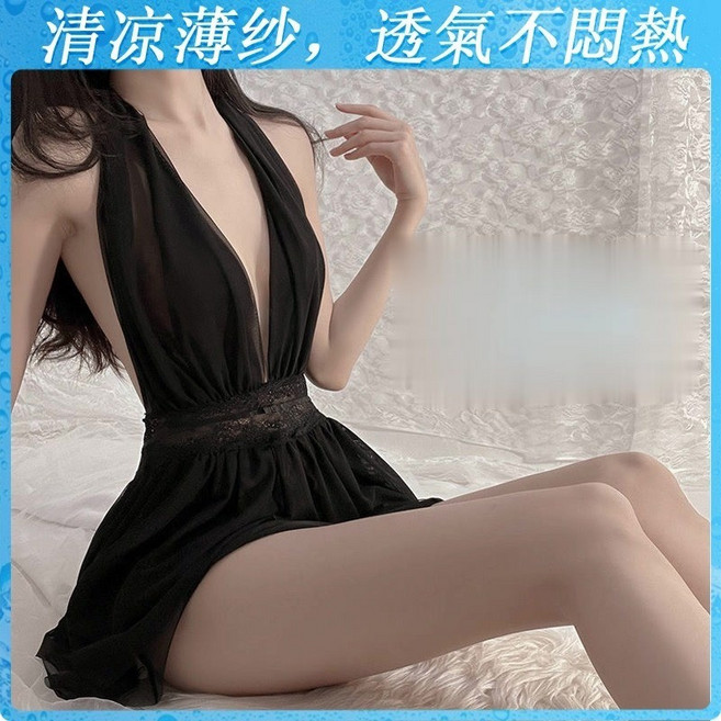 性感透視網紗蕾絲連衣裙 深V設計