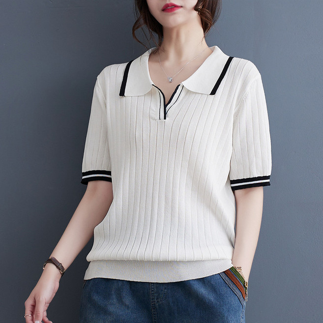 AURALA 여성 여름 베이직 반팔니트 데일리 카라넥 니트 티셔츠