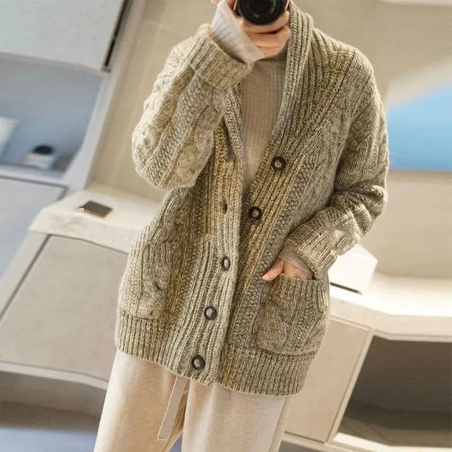 AOKADA 남성 가을 겨울 오버핏 브이넥 꽈배기 니트 가디건 아웃도어