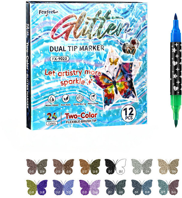 미니플 글리터 듀얼팁 컬러 마카펜 세트, 1세트, 12색