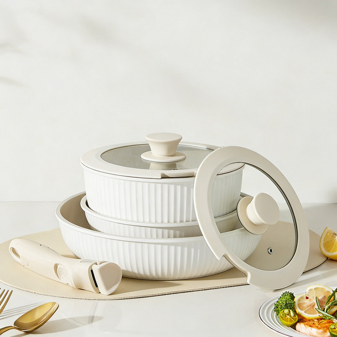 ZOZOFO 식품안전 정밀검사 통과 냄비 도구 식품 등급 코팅 냄비 세트 주방용 냄비 탈부착 손잡이 6피스 (인덕션 사용 가능), 1세트, 2개 프라이팬(26cm+20cm)+탕솥+유리뚜껑+손잡이