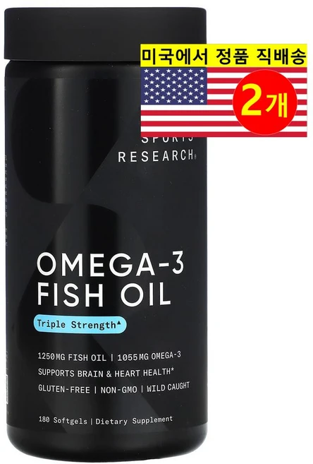 Sports Research 스포츠 리서치 3배 강도 오메가-3 피쉬 오일 1250mg, 180정, 2개 - 쿠팡