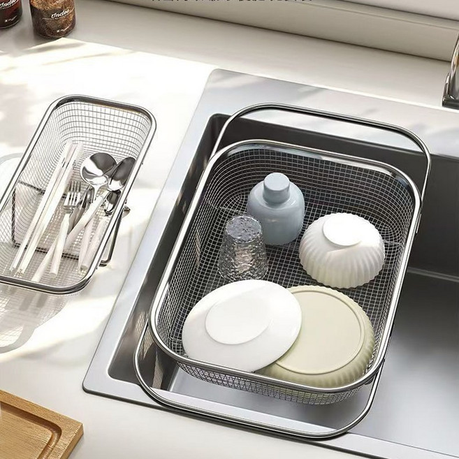싱크대 식기건조대 슬라이딩 길이조절 물빠짐 바스켓 주방 다용도 수납 채반 야채 세척 수저 정리 건조대, 1개, 실버 L, 1단