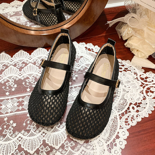 여성 펀칭 플랫 슈즈 빈티지 통기성 메쉬 메리제인 망사 단화 여름 여자 메쉬 로퍼 샌들 CJJ