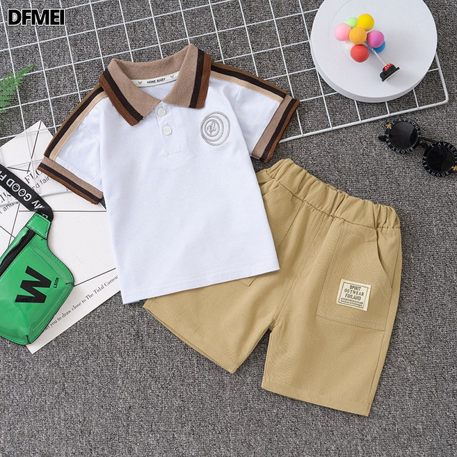 DFMEI 兒童套裝夏季新款時尚男童寶寶翻領繡花字母短袖短褲休閒套裝