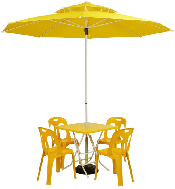 국산 2단 2700 파라솔 플라스틱 테이블 의자 세트 (옐로우), 파라솔2700(옐로우), 사탁(옐로우), 등받이의자(옐로우)