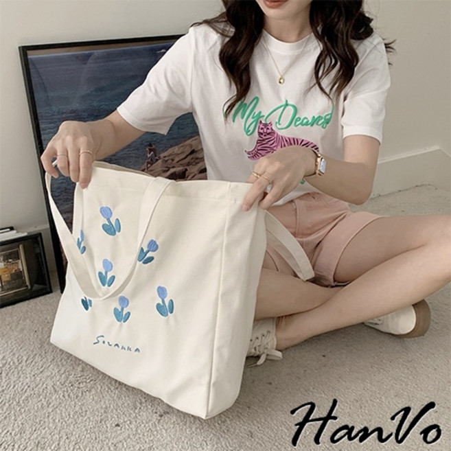HanVo 7朵小花刺繡帆布包 韓國百搭實用大容量包包 上課上班包 韓系帆布包 女生配件 C05-1064
