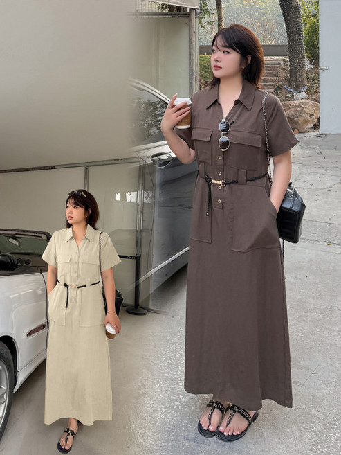 빅사이즈 여성용 텐셀 벨트 롱 원피스 캐주얼 드레스