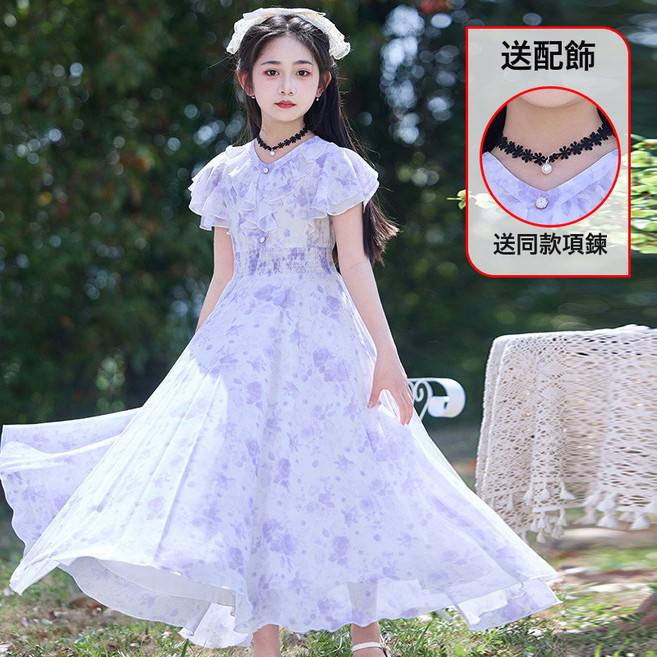 DIU 女童連衣裙夏款紫色雪紡碎花裙中大童夏裝薄款洋氣小女孩沙灘長裙