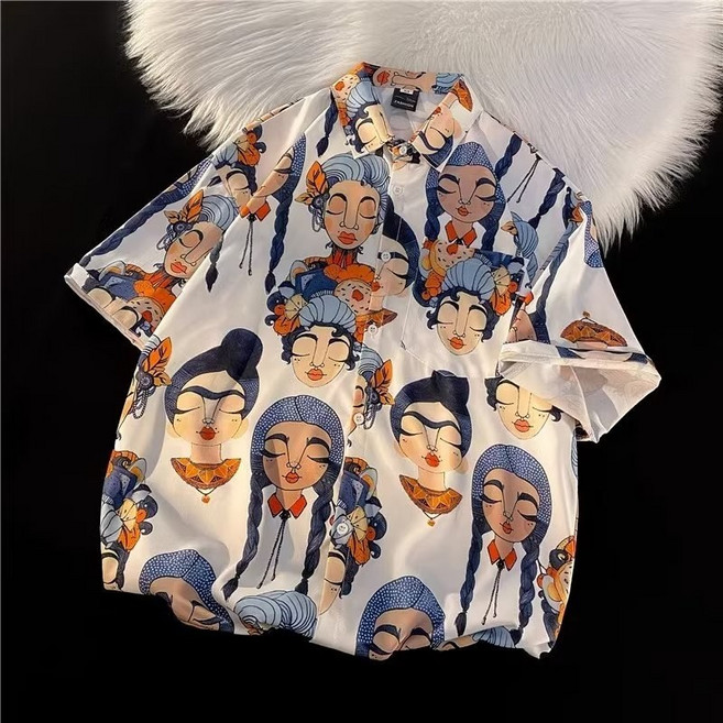 花襯衫男大尺碼可愛貓咪印花薄襯衣 夏威夷度假風情侶沙灘襯衫 短袖開衫韓版慵懶港風