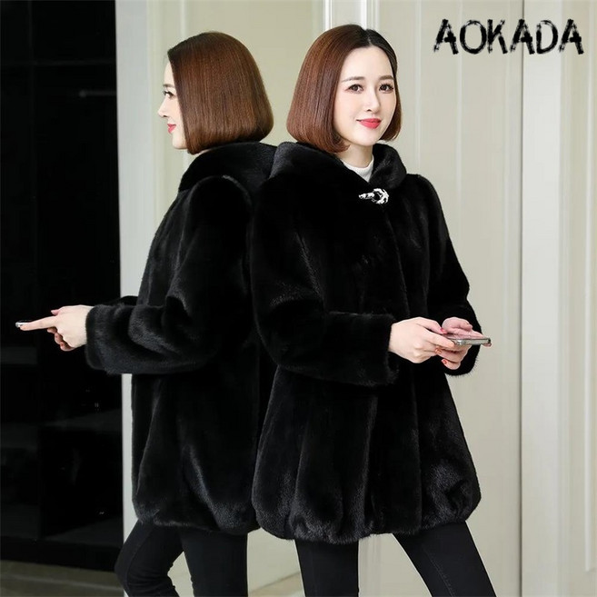 AOKADA 중년 여성 인조 모피 후드 퍼자켓 친환경모피 코트 하프코트