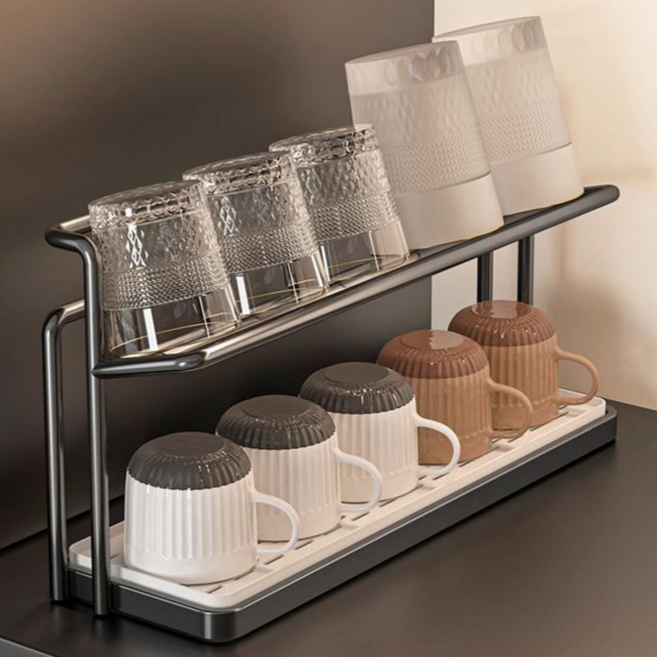 라워스 물빠짐 2단 건조대 컵거치대, 그레이, 1개