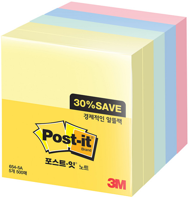 쓰리엠 포스트잇 알뜰팩 76 x 76 mm 654-5A, 노랑, 애플민트, 크림블루, 러블리핑크, 500매, 1개