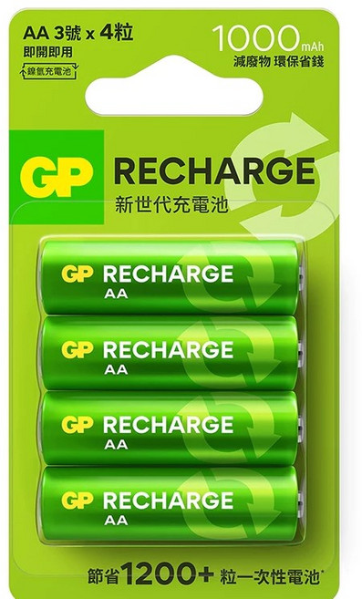 GP Recharge 新世代鎳氫充電電池 AAA 4號 400mAh 4入, 1個, AA3號(4粒裝)充電池