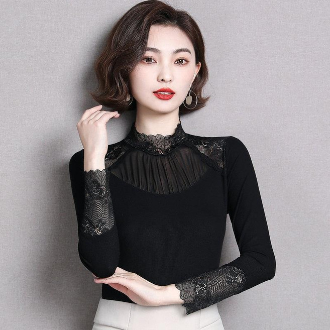 A BORN 어본 레이스 긴팔 아름다운블라우스 탄력좋은 라인댄스티 라틴여성댄스복상의, 블랙