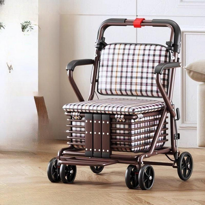 어르신 장보기 카트 보행기 워커 좌석 유모차 휴대용 장바구니 걷기 장보기카트 의자 수, 단일 핸드 브레이크 단일 휠 체크+페달