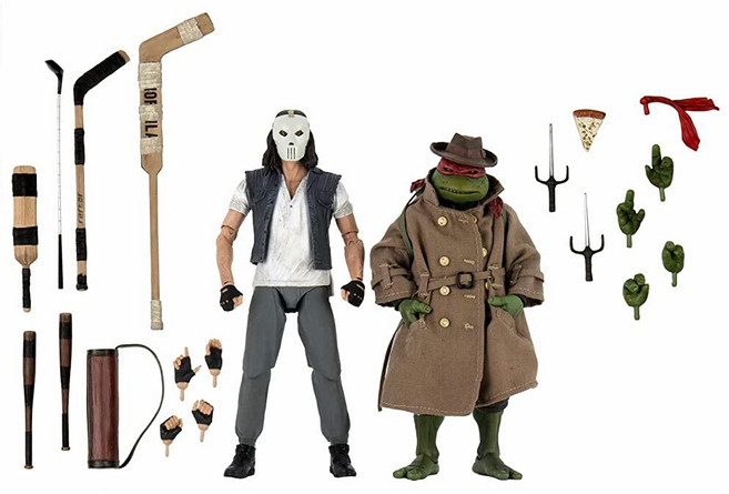정품++ NECA - 십대 돌연변이 닌자 거북이 (1990년 영화) 17.8cm(7인치) 스케일 액션 피규어 변장을 한 케이시 존스와 라파엘 2팩 (WM 독점), 정품++ NECA - 십대 돌연변이 닌자 거북이 (19