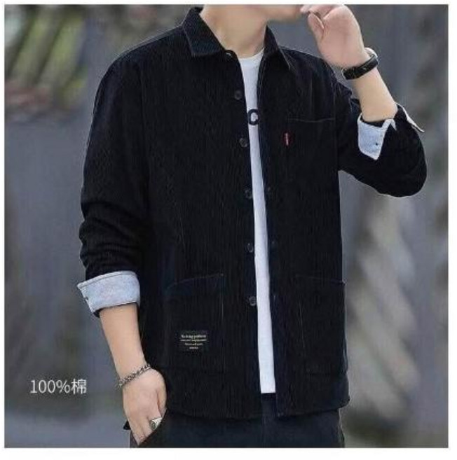 寬鬆大尺碼男士燈芯絨長袖襯衫外套 - 休閒工裝復古港風純棉免燙