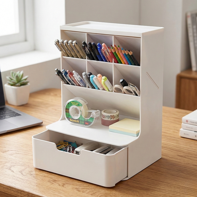 라이프엔라이크 데스크 정리함 책상 정리함 사무용 오거나이저 다용도 수납 펜꽂이, 1개, 화이트