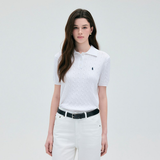 라파클럽 여성 케이블 카라 반팔 니트 스웨터 여름 꾀배기 냉감 자수 로고