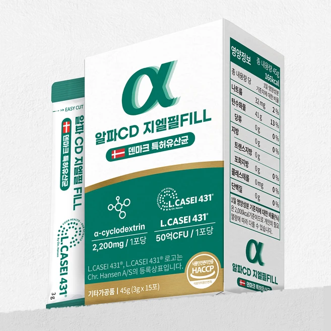알파CD 지엘필 FILL 알파시클로덱스트린 GLP-1 덴마크 특허 유산균 L.CASEI431 3g x 15포, 15회분, 1박스 - 쿠팡