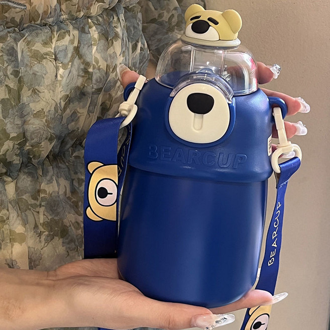 DFMEI 대용량 304 스테인레스 스틸 빨대컵 큰배 텀블러 여자 아웃도어 휴대용, 베어컵네이비-700ml, 보온병, 1개