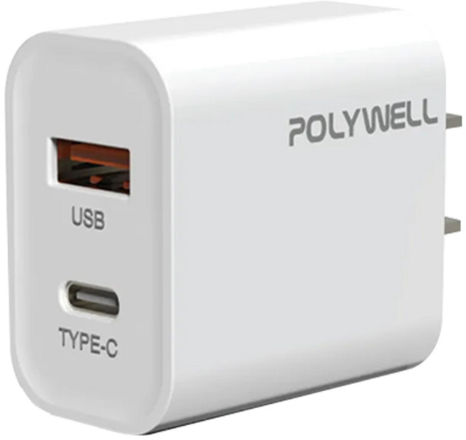 POLYWELL PD QC3.0 30W 雙孔快充頭 Type C USB 充電器 BSMI認證, 白色, 1個
