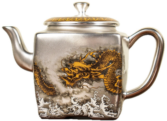 銀茶壺999純銀粉鎏銀泡茶壺金龍賜福家用功夫茶具送父母長輩禮品, 1個, 1L, 鎏銀-金龍賜福茶壺-安全裝:101mL(含)-200mL(含)
