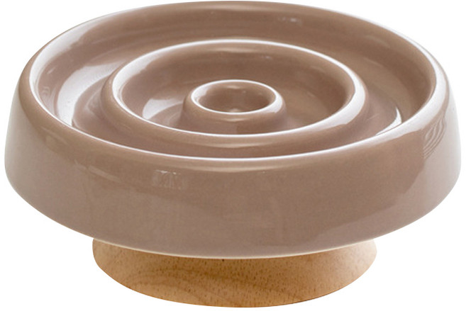 Alphapets 陶瓷圓圈寵物慢食碗 貓狗通用 防暴食護頸, 1個, 棕色慢食碗+木座, 棕色