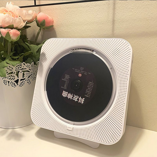 벽걸이 CD 플레이어 블루투스 스피커 리모컨 추억 아날로그 감성 사각 씨디 재생기, 무선 화이트+전용스탠드+충전모델+더스트 커버