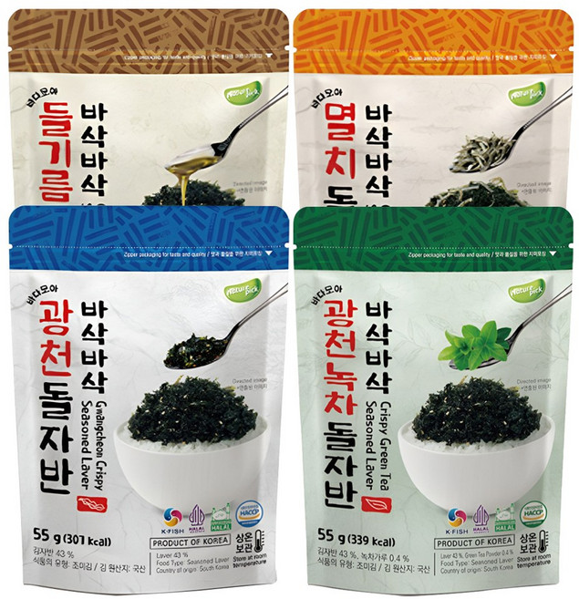 [네이처픽] 바삭바삭 돌자반 4종 세트 광천돌자반 들기름돌자반 녹차돌자반 멸치돌자반, 광천돌자반1 녹차1 들기름1 멸치돌1, 55g, 1개