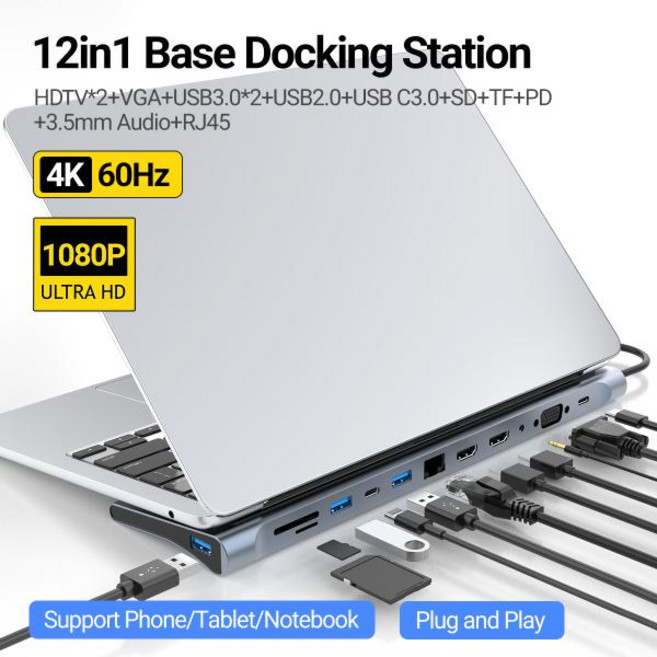 USB C 도킹 스테이션 12 in 1 트리플 디스플레이 MST 허브 확장 포트 포함 USB3.0 1 USB2.0 3 HDMI 2 VGA 1100 Mbits NIC 1 U, 은, 1개