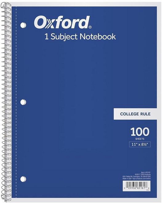 옥스포드 Oxford 1과목 노트 나선형 20.3 x 27.9cm(8 11인치) 대학 규칙 색상 모음은 다를 수 있음 100장 노트 1개(65161) 348372 4, 옥스포드 Oxford 1과목 노트, 나선형, 20.3