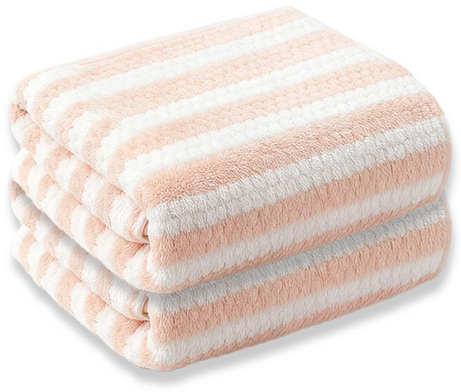 Craftsy 고급 줄무늬 극세사 호텔 대형수건 40수 샤워타올 바스타올 비치타월 목욕타올 고흡수력 수건, 2개, 분홍색