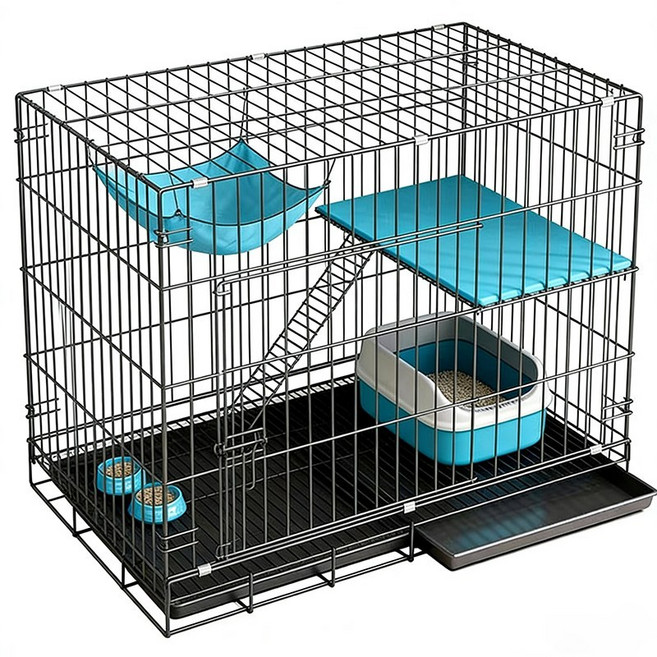 포령 고양이 하우스 반려동물 접이식 다층 케이지 철창 대형 빌라 휠 이동식, 1개, 블랙