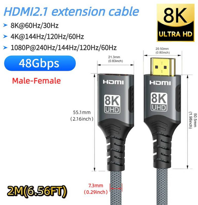 dptohdmi젠더 케이블 모니터 튼튼한케이블 16K@60Hz HDMI 2.2 케이블은 8K@120Hz 4K@240Hz를 지원하며 8K/4K 케이블과 호환되며 HD TV 노트북, HDMI M to F-2M, 1058-M-F 8K 2M