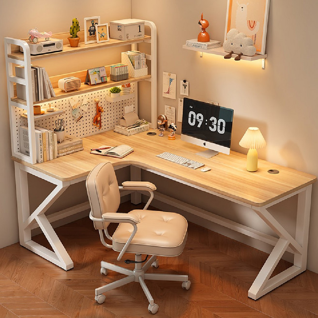 엣지모어 코너책상 ㄱ자 책상 다용도 사무용 L자 데스크 철제 컴퓨터 선반 타공판 서재 책장 공부책상, [왼쪽 코너형+책장] 네추럴우드 80x160cm