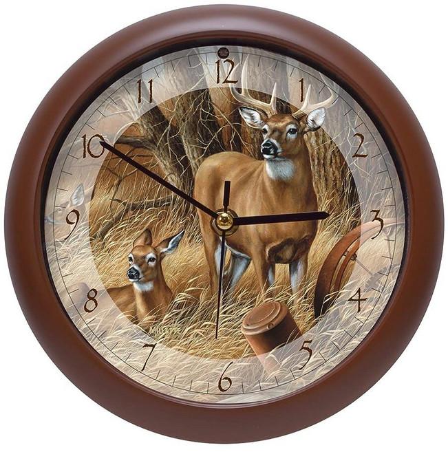 Mark Feldstein & Associates Wild Wings Rustic Retreat 화이트테일 사슴 자연 사운드 시계 20.3cm(8인치) 브라운 벽 또는 책, Mark Feldstein & Associates Wi