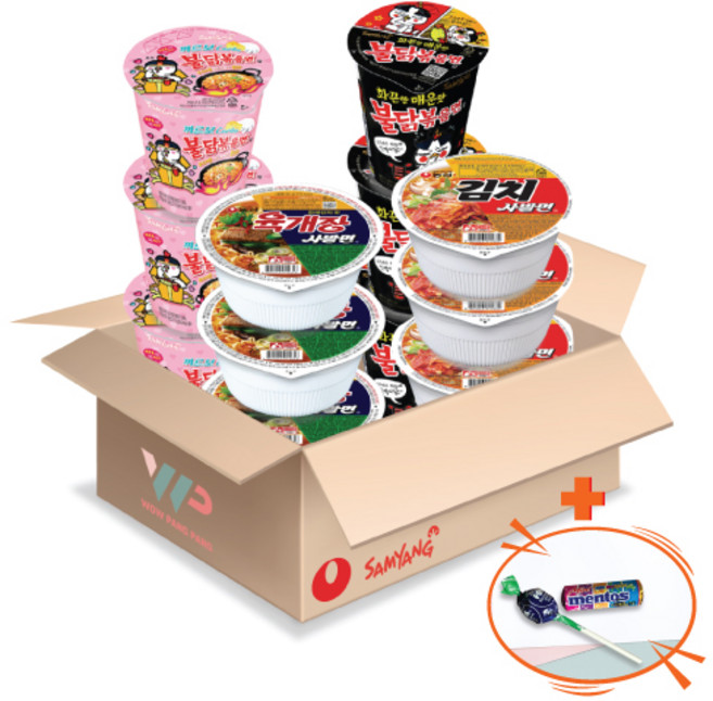 농심 삼양 컵라면 소컵 4종 혼합세트 육개장사발면 3컵+김치사발면 3컵+불닭볶음면 3컵+까르보불닭볶음면 3컵 총 12컵입 미니 멘토스+투시팝 사탕 사은품 2종 증정, 1개