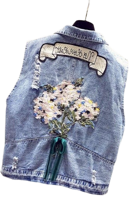 여성용 자수 데님 베스트 루즈핏 빅사이즈 자수 숏 점퍼 조끼 뉴타임즈 B593C782