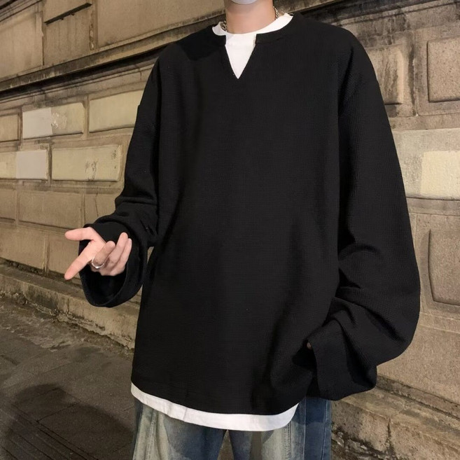 亨利衫美式ins華夫格假兩件長袖T卹男港風春秋寬鬆套頭打底上衣