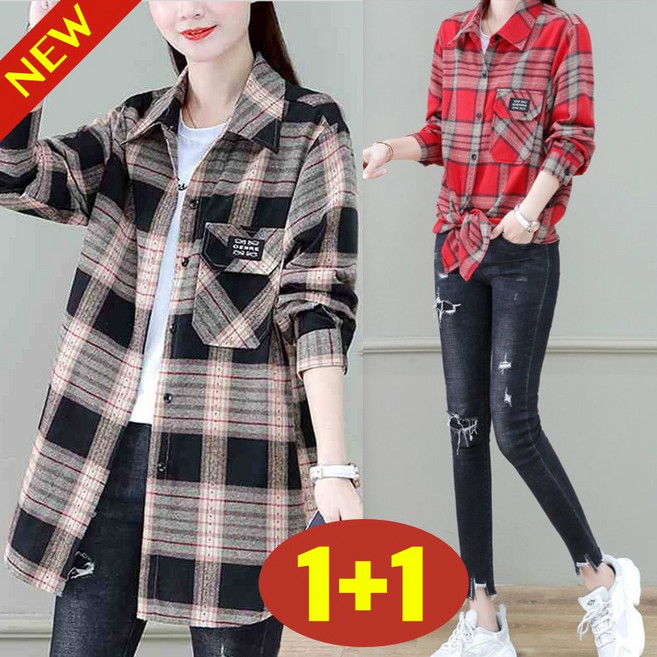 (완전 편한) 3XL까지 여성 카라 사계절 체크 무늬 긴팔 남방 블라우스 봄 가을 빅사이즈 추천 루즈핏 통기성 간절기 자켓 카디건 롱 셔츠 심플 빈티지 모던 코디 캐주얼 여자 셔츠