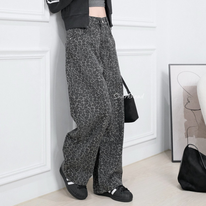 Sharkhead 牛仔褲 深灰 豹紋長褲 動物紋 秋冬 休閒 寬鬆 闊腿褲 繭型褲 落地褲