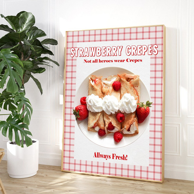 Sweet Dessert 홈카페 베이커리 카페 감성 인테리어 캔버스 포스터 - 07_딸기 크레페, A3 캔버스 포스터(297x420mm)
