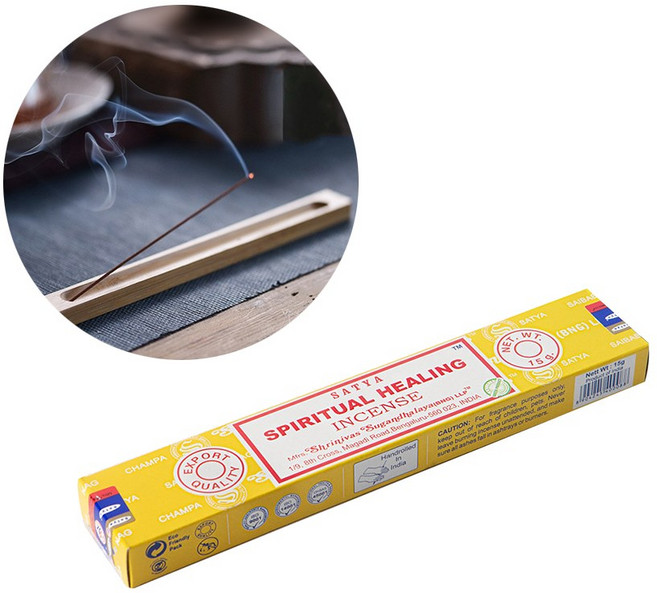 사티아 나그참파 인센스 스틱 15g 스피리추얼 힐링+ 우드 인센스 홀더, 15g 2개, 우드 (뱀부 플레인 홀더), Spititual Healing