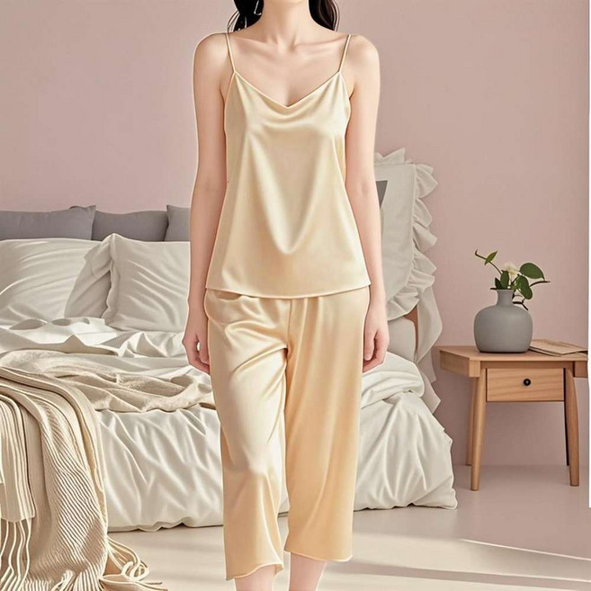 JIEVE 여성 실크 잠옷 세트 봄 여름 슬리브리스 편안한 파자마 심플한 디자인