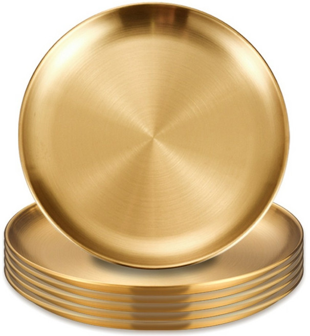 BUZOO 무광 스텐레스 접시 원형 스텐 원형 접시 스텐레스 원형 접시 세트, 골든, 6개