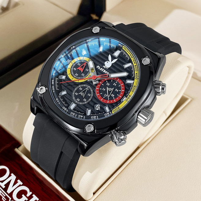 PLAYBOY 플레이보이 남성 스포츠 크로노그래프 손목시계 실리콘 밴드 내충격 방수 트레이닝 워치