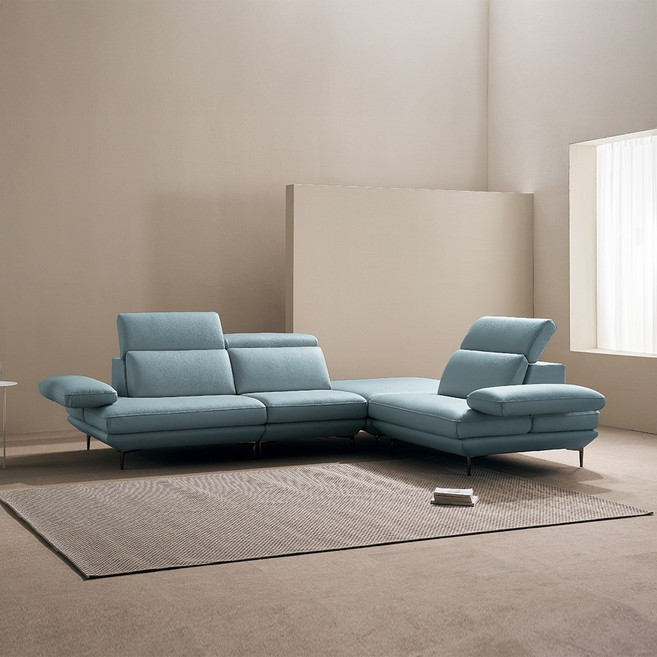 쉐우드가구 모담 이태리 천연통가죽 기능성 팔걸이 스윙 소파 6인용 코너형 / 국내제조 자재등급 E0, 파스텔 블루